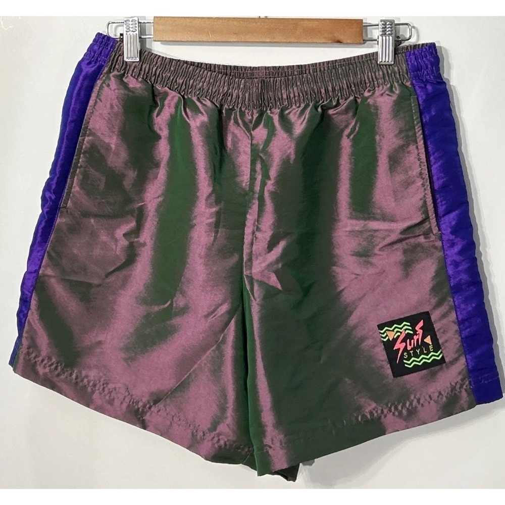 Mens Vintage Surf Style Shorts  Purple Green Retro 90s Shorts Medium